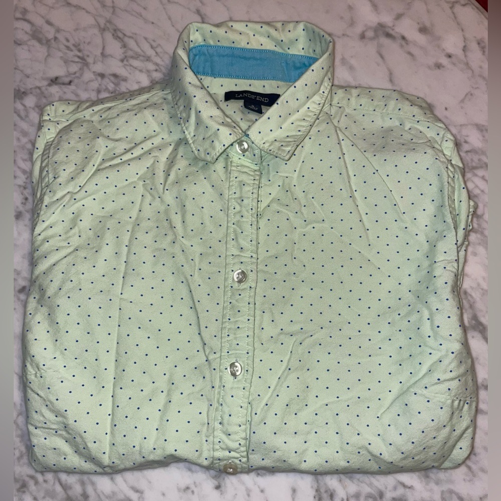 Key lime button down w/ blue polka dots - Picture 3 of 3